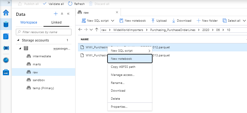 Azure Synapse Analytics Data Tab Linked to Browse Files